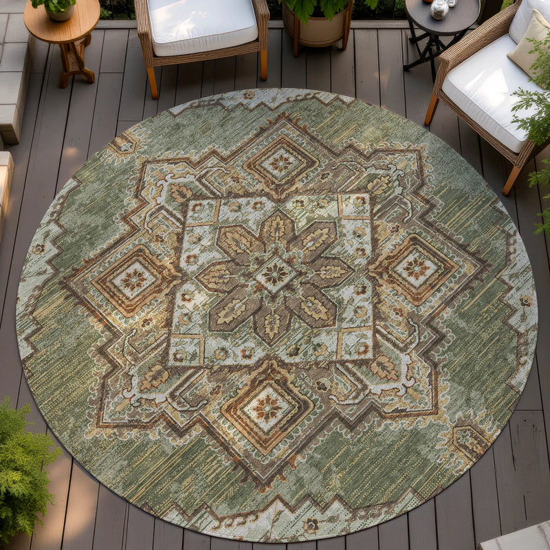 8' Olive Green And Blue Round Oriental Washable Indoor Outdoor Area Rug Homeroots Outdoor