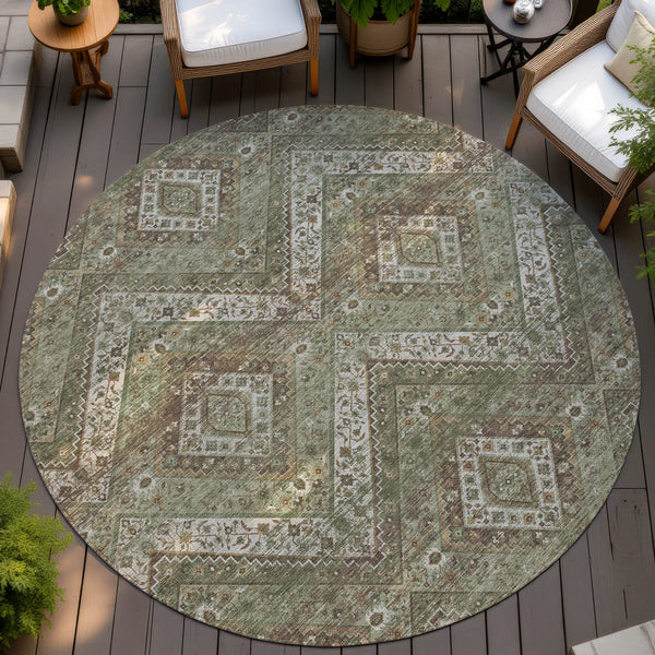 8' Olive Green And Blue Round Tribal Washable Indoor Outdoor Area Rug Homeroots Outdoor