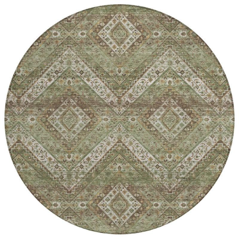 8' Olive Green And Blue Round Tribal Washable Indoor Outdoor Area Rug Homeroots Outdoor