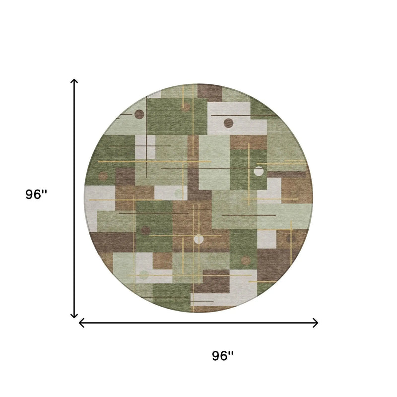 8' Olive Green And Brown Round Geometric Washable Indoor Outdoor Area Rug Homeroots Outdoor