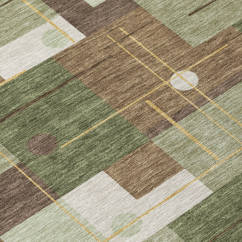 8' Olive Green And Brown Round Geometric Washable Indoor Outdoor Area Rug Homeroots Outdoor