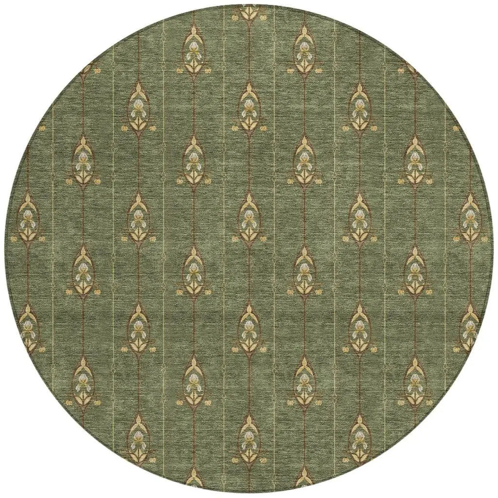 8' Olive Green And Brown Round Geometric Washable Indoor Outdoor Area Rug Homeroots Outdoor