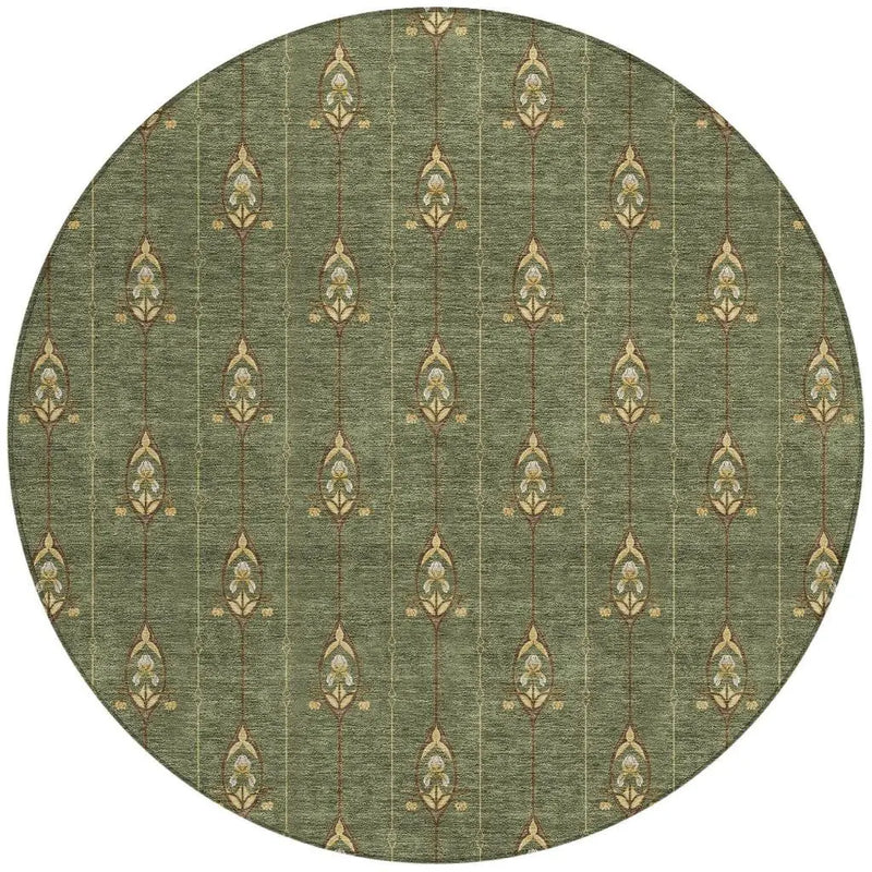 8' Olive Green And Brown Round Geometric Washable Indoor Outdoor Area Rug Homeroots Outdoor
