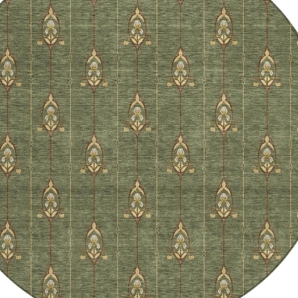 8' Olive Green And Brown Round Geometric Washable Indoor Outdoor Area Rug Homeroots Outdoor