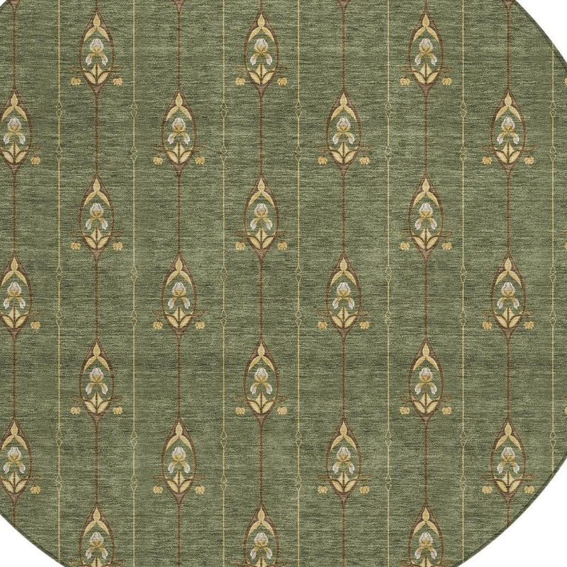 8' Olive Green And Brown Round Geometric Washable Indoor Outdoor Area Rug Homeroots Outdoor