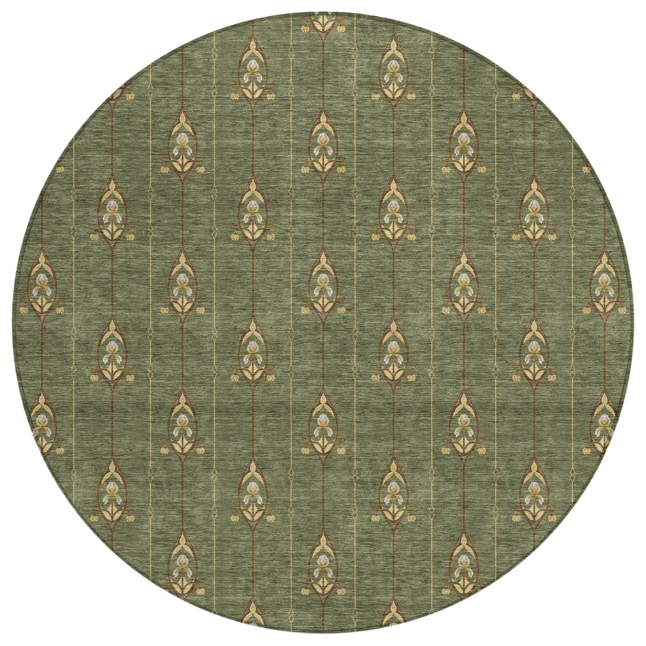 8' Olive Green And Brown Round Geometric Washable Indoor Outdoor Area Rug Homeroots Outdoor