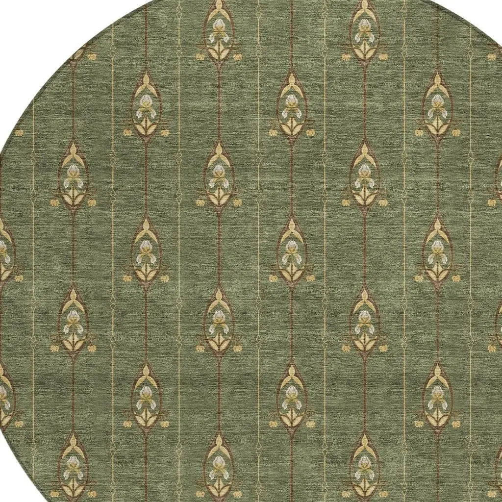 8' Olive Green And Brown Round Geometric Washable Indoor Outdoor Area Rug Homeroots Outdoor