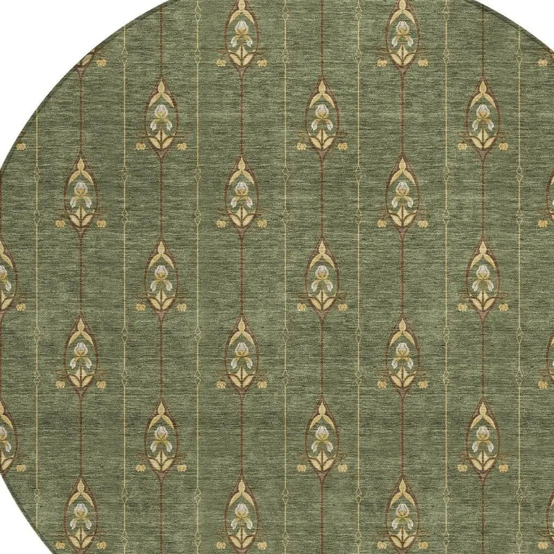 8' Olive Green And Brown Round Geometric Washable Indoor Outdoor Area Rug Homeroots Outdoor