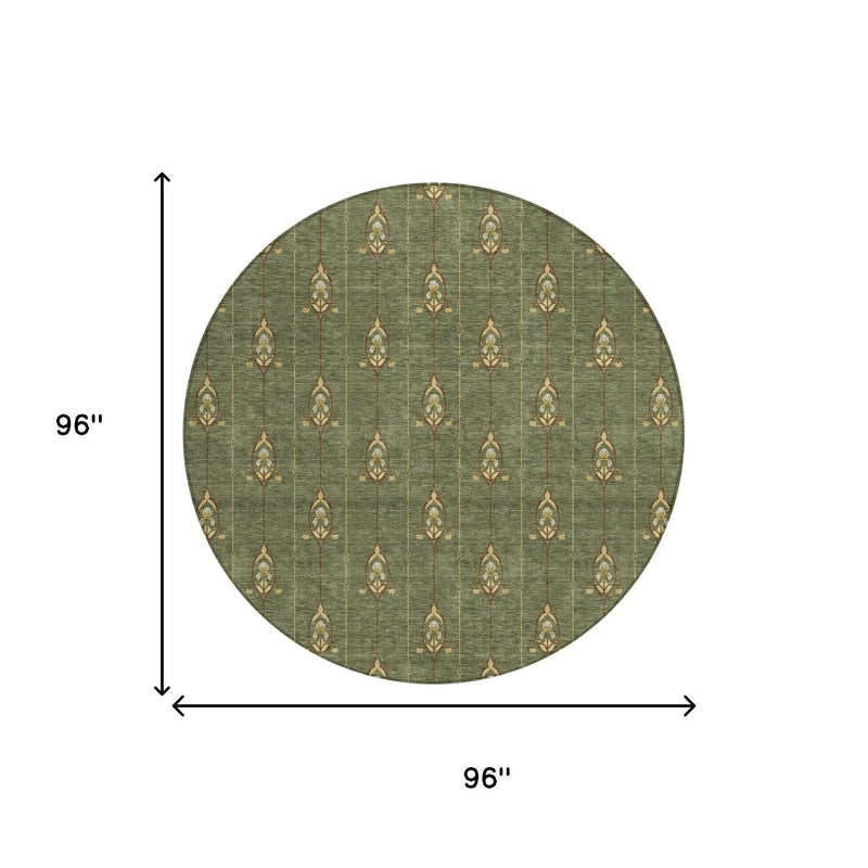 8' Olive Green And Brown Round Geometric Washable Indoor Outdoor Area Rug Homeroots Outdoor
