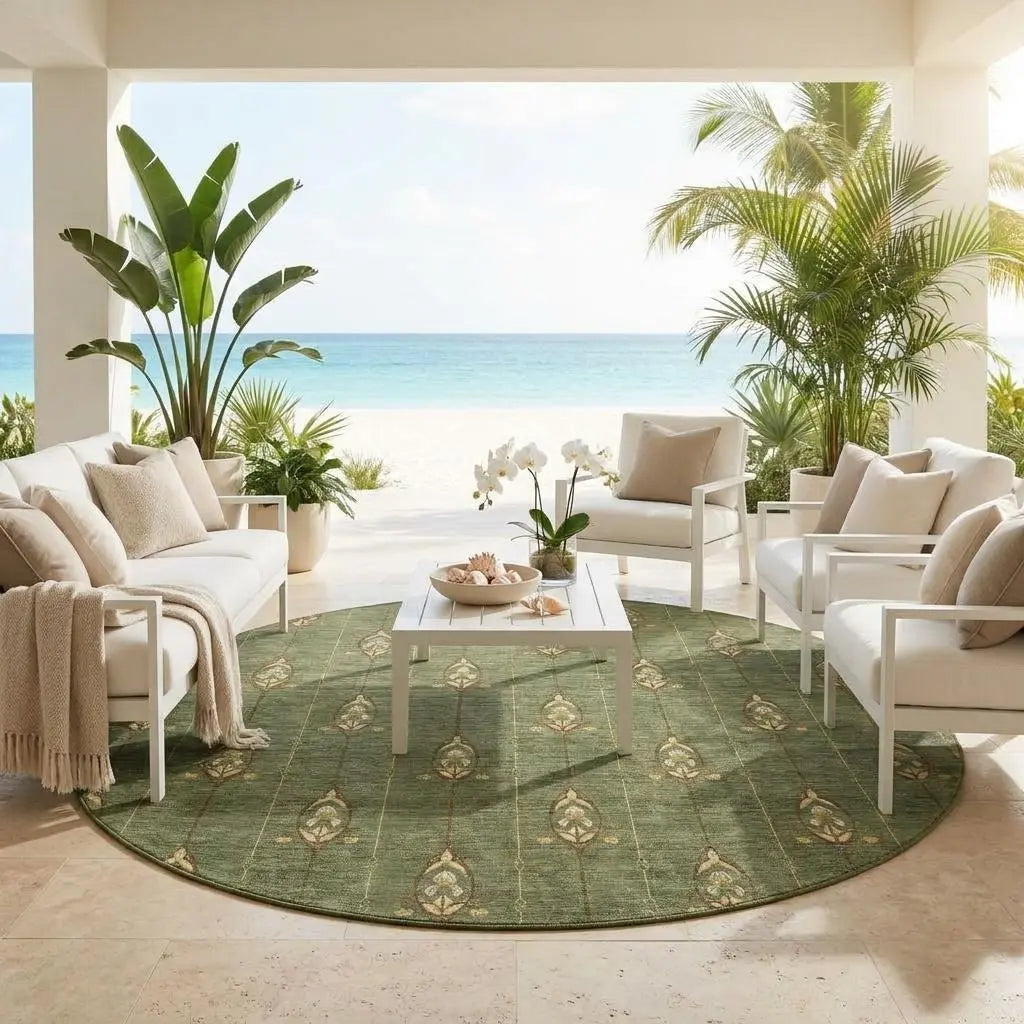 8' Olive Green And Brown Round Geometric Washable Indoor Outdoor Area Rug Homeroots Outdoor