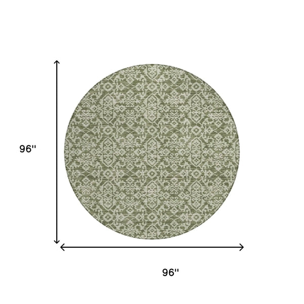 8' Olive Green And Brown Round Oriental Washable Indoor Outdoor Area Rug Homeroots Outdoor