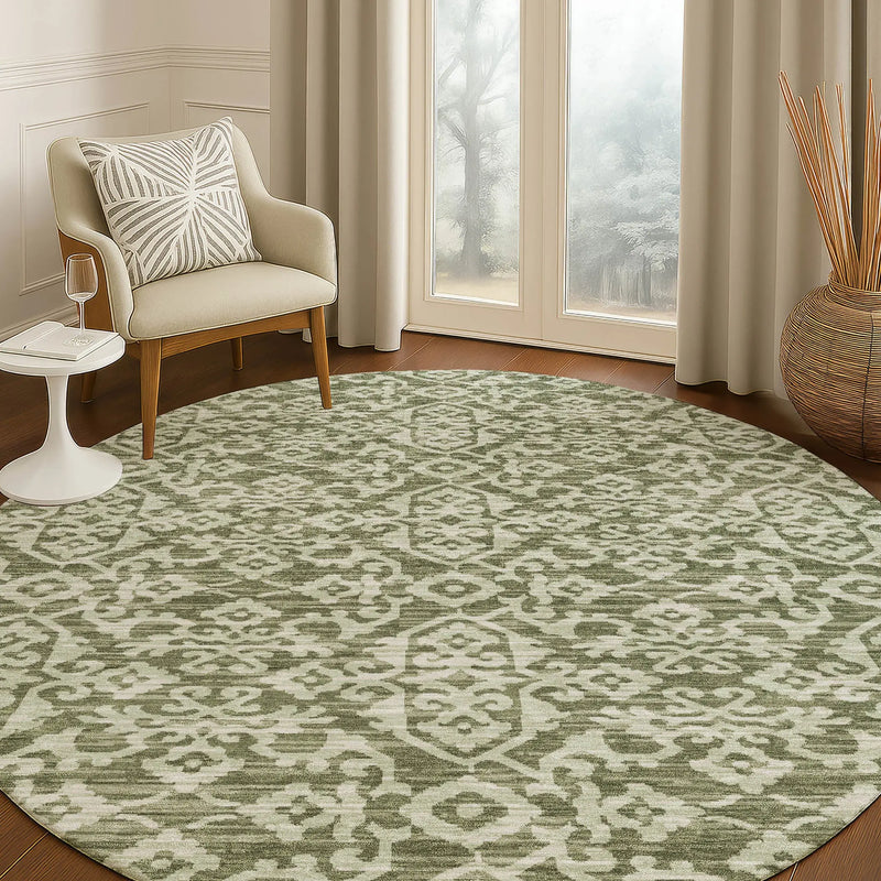 8' Olive Green And Brown Round Oriental Washable Indoor Outdoor Area Rug Homeroots Outdoor