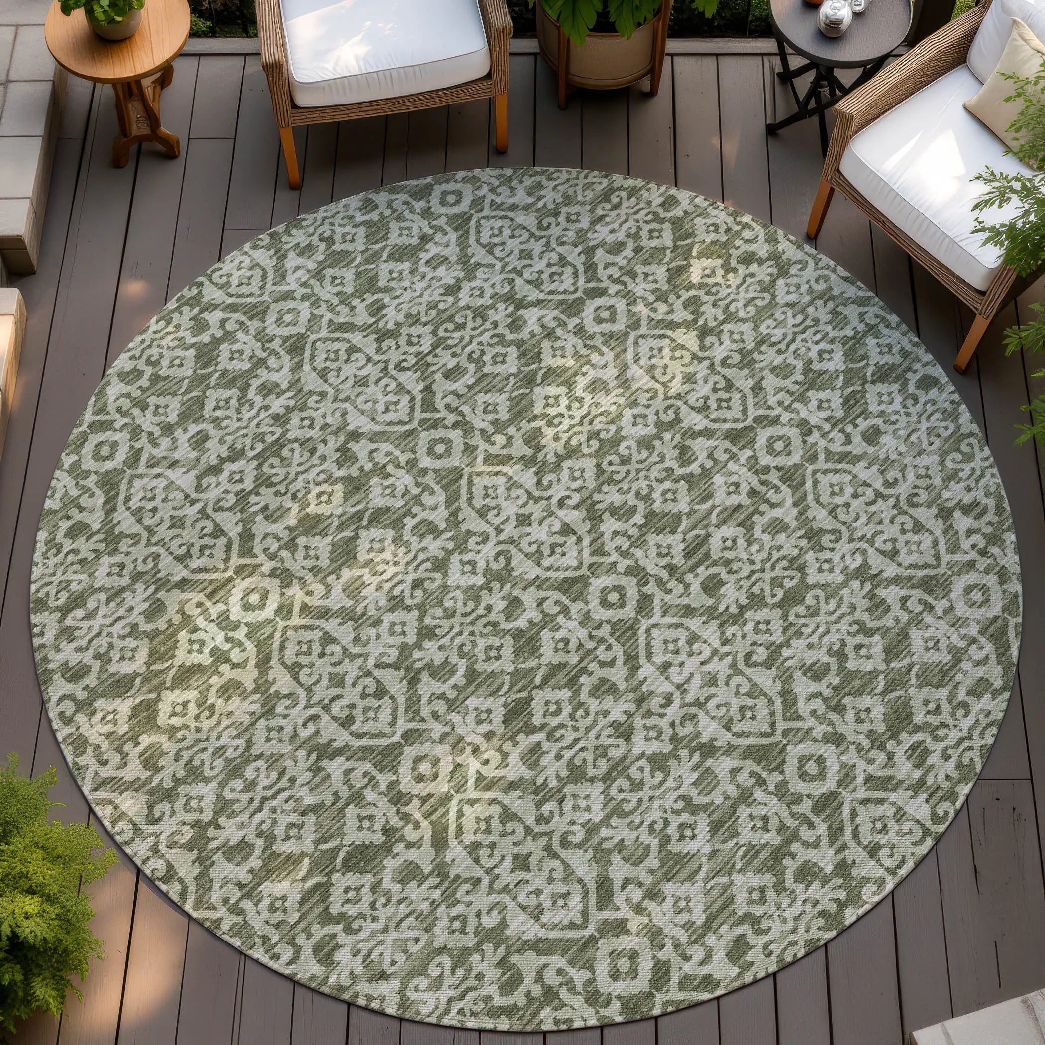 8' Olive Green And Brown Round Oriental Washable Indoor Outdoor Area Rug Homeroots Outdoor