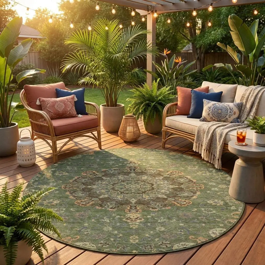 8' Olive Green And Chocolate Round Floral Medallion Washable Indoor Outdoor Area Rug Homeroots Outdoor