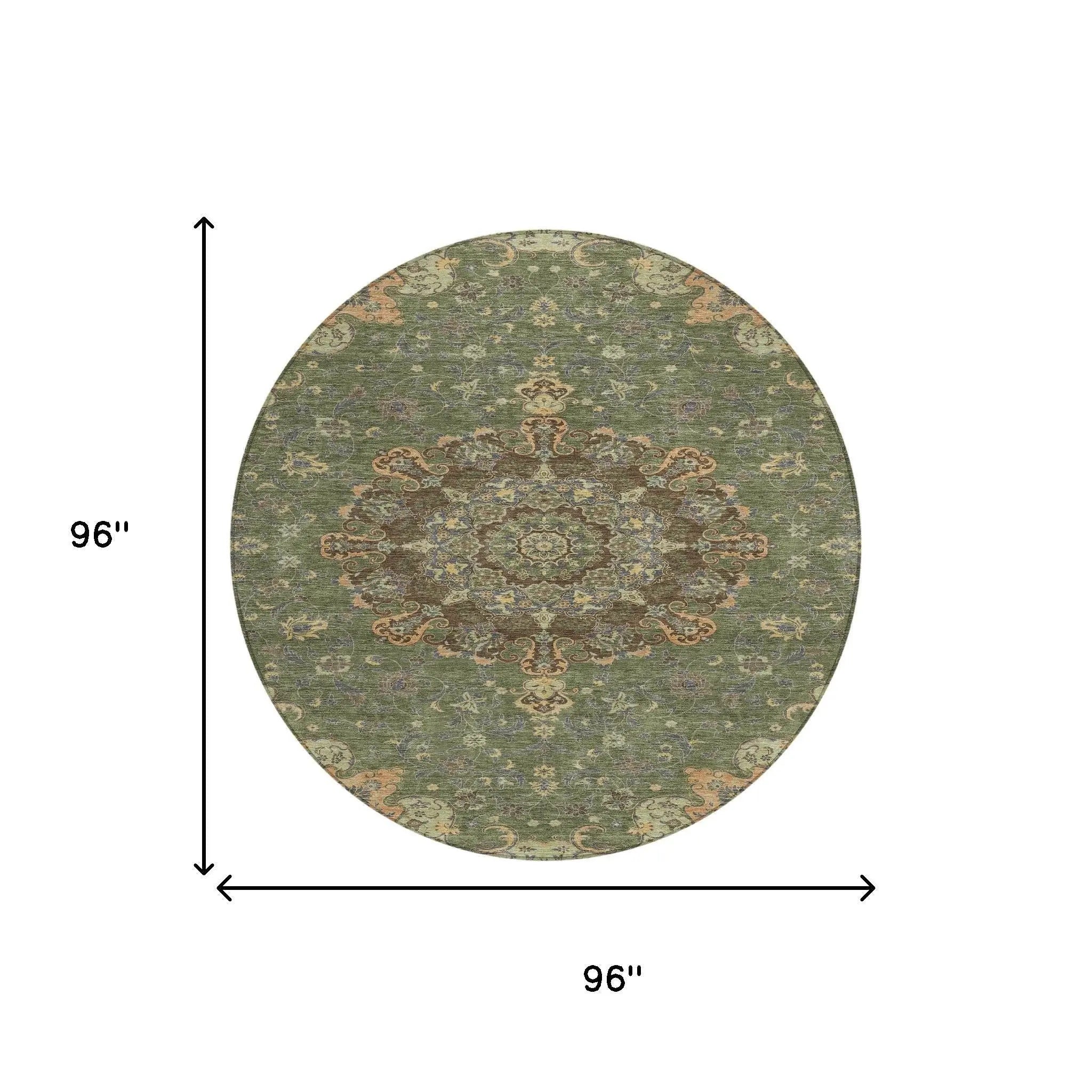 8' Olive Green And Chocolate Round Floral Medallion Washable Indoor Outdoor Area Rug Homeroots Outdoor