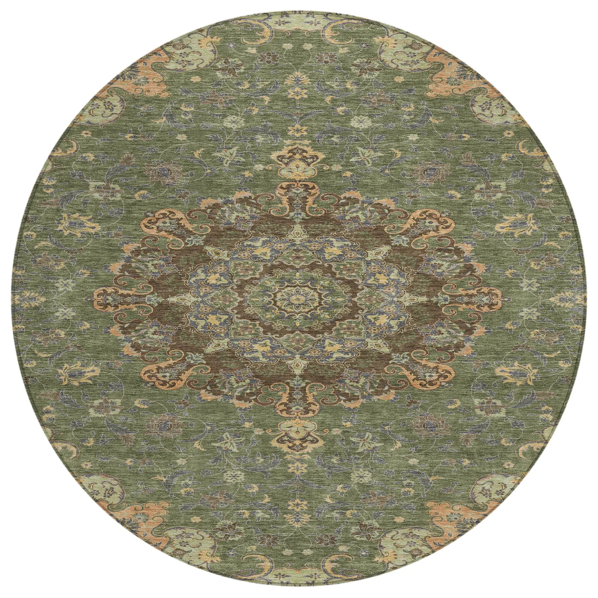 8' Olive Green And Chocolate Round Floral Medallion Washable Indoor Outdoor Area Rug Homeroots Outdoor