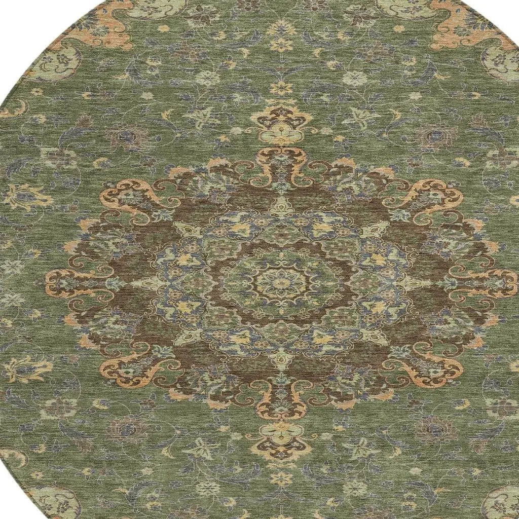 8' Olive Green And Chocolate Round Floral Medallion Washable Indoor Outdoor Area Rug Homeroots Outdoor