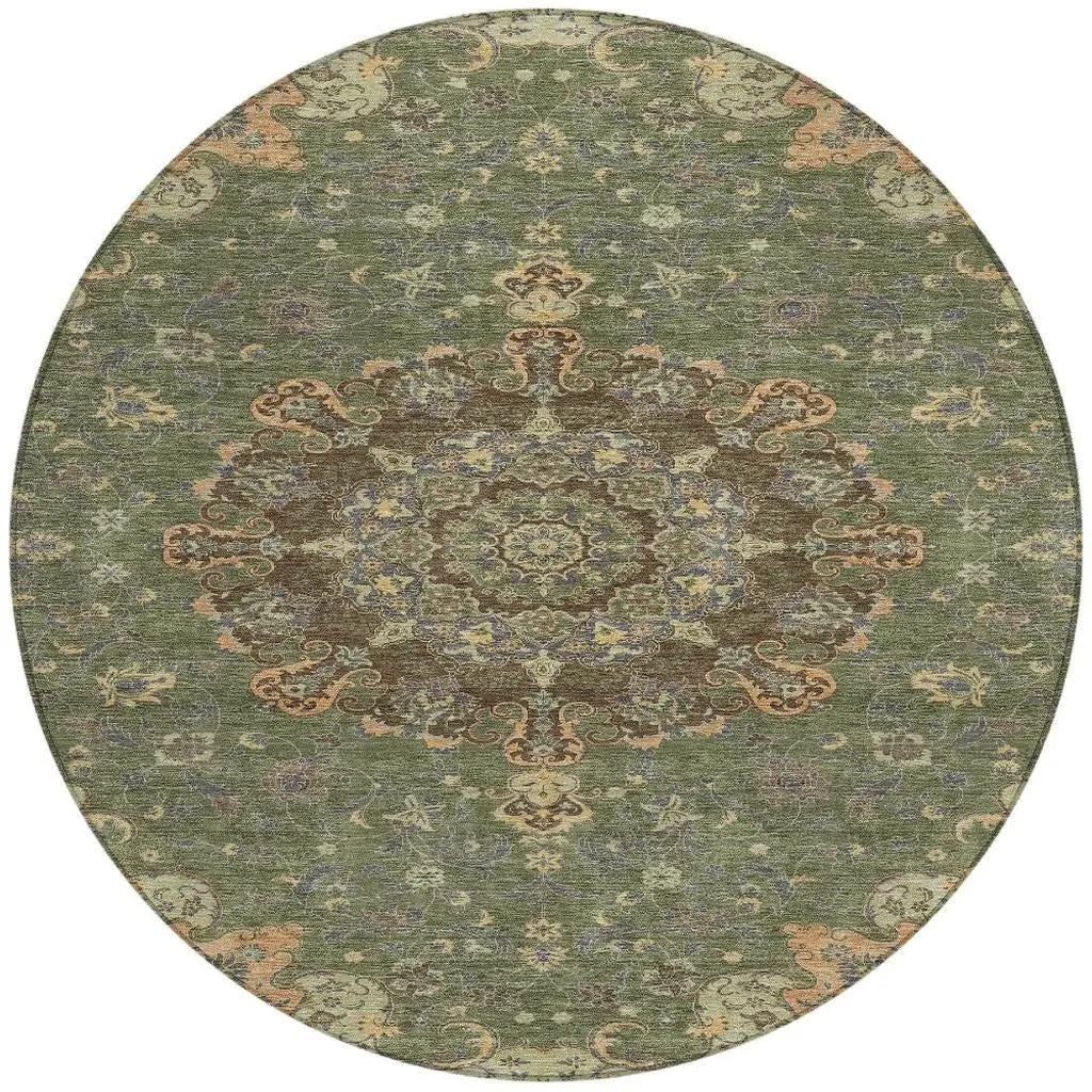 8' Olive Green And Chocolate Round Floral Medallion Washable Indoor Outdoor Area Rug Homeroots Outdoor