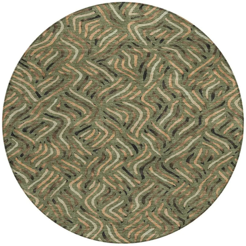 8' Olive Green And Copper Round Abstract Washable Indoor Outdoor Area Rug Homeroots Outdoor