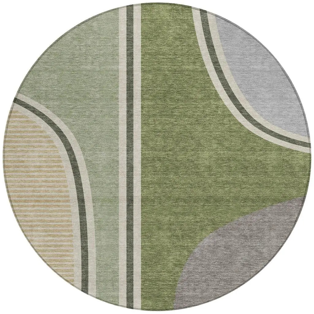 8' Olive Green And Fern Green Round Geometric Washable Indoor Outdoor Area Rug Homeroots Outdoor