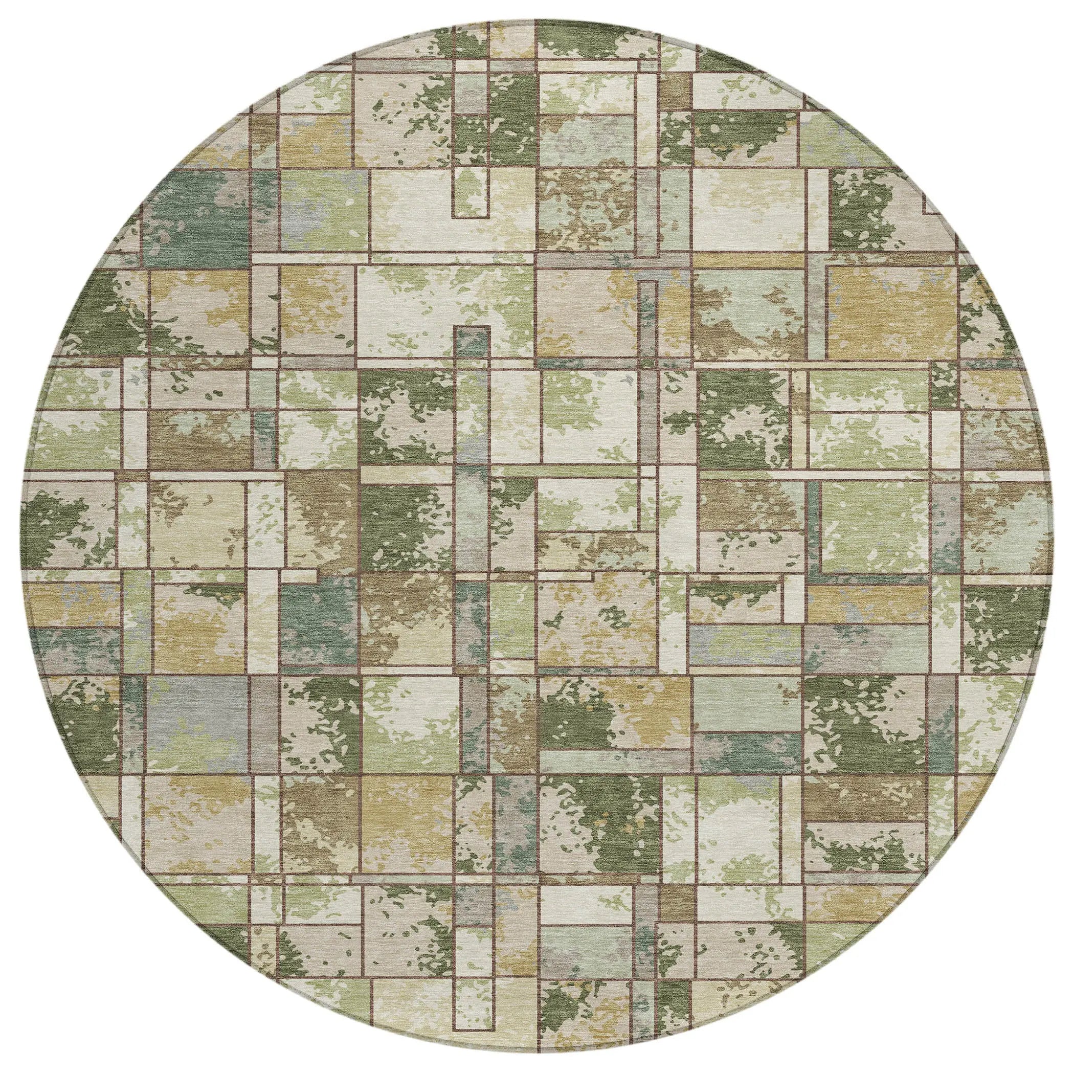 8' Olive Green And Fern Green Round Geometric Washable Indoor Outdoor Area Rug Homeroots Outdoor