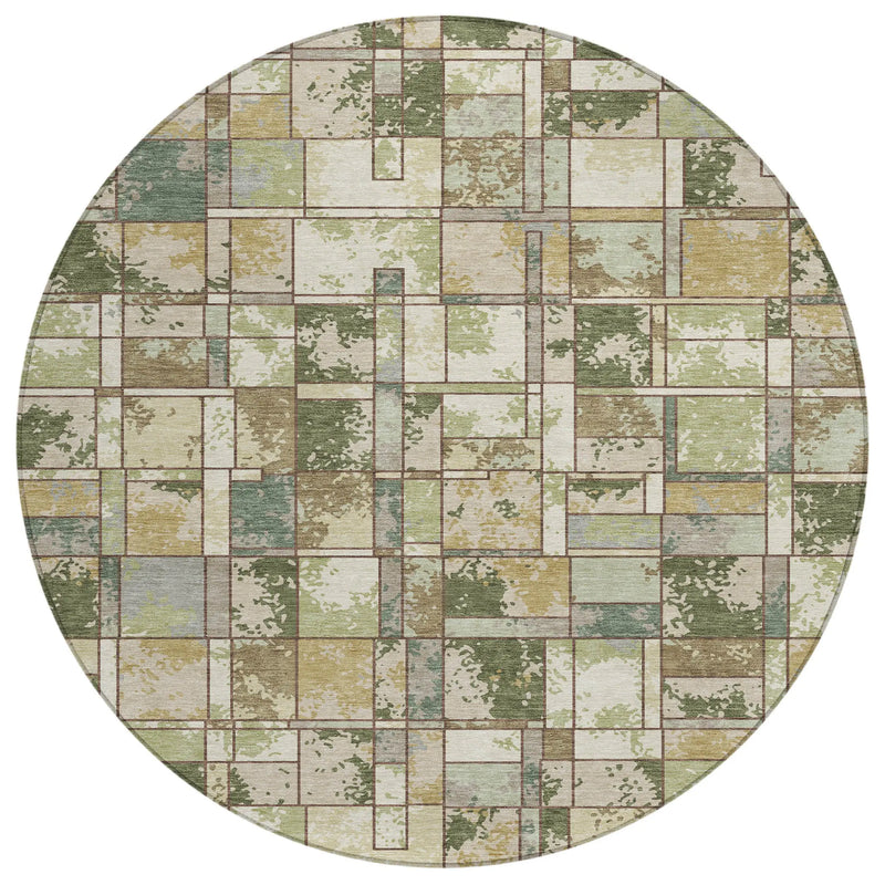 8' Olive Green And Fern Green Round Geometric Washable Indoor Outdoor Area Rug Homeroots Outdoor