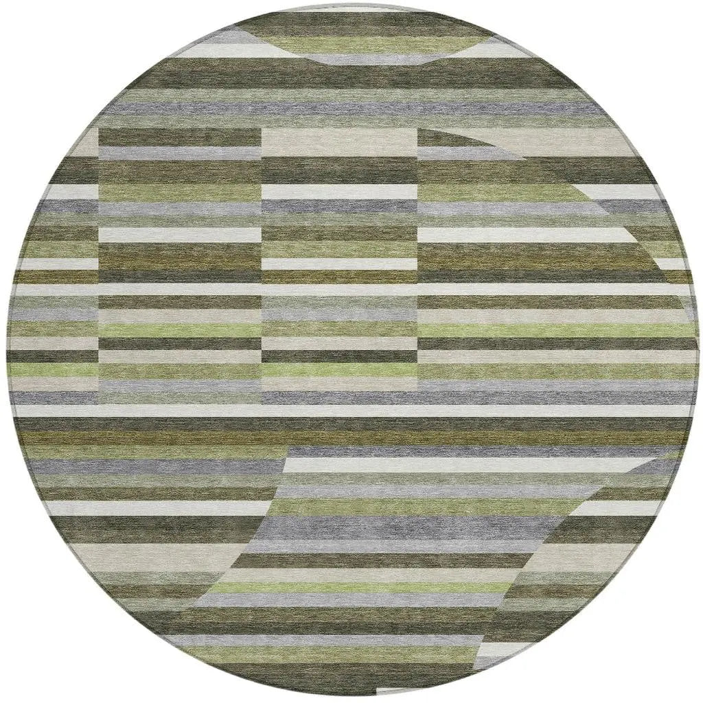 8' Olive Green And Fern Green Round Striped Washable Indoor Outdoor Area Rug Homeroots Outdoor
