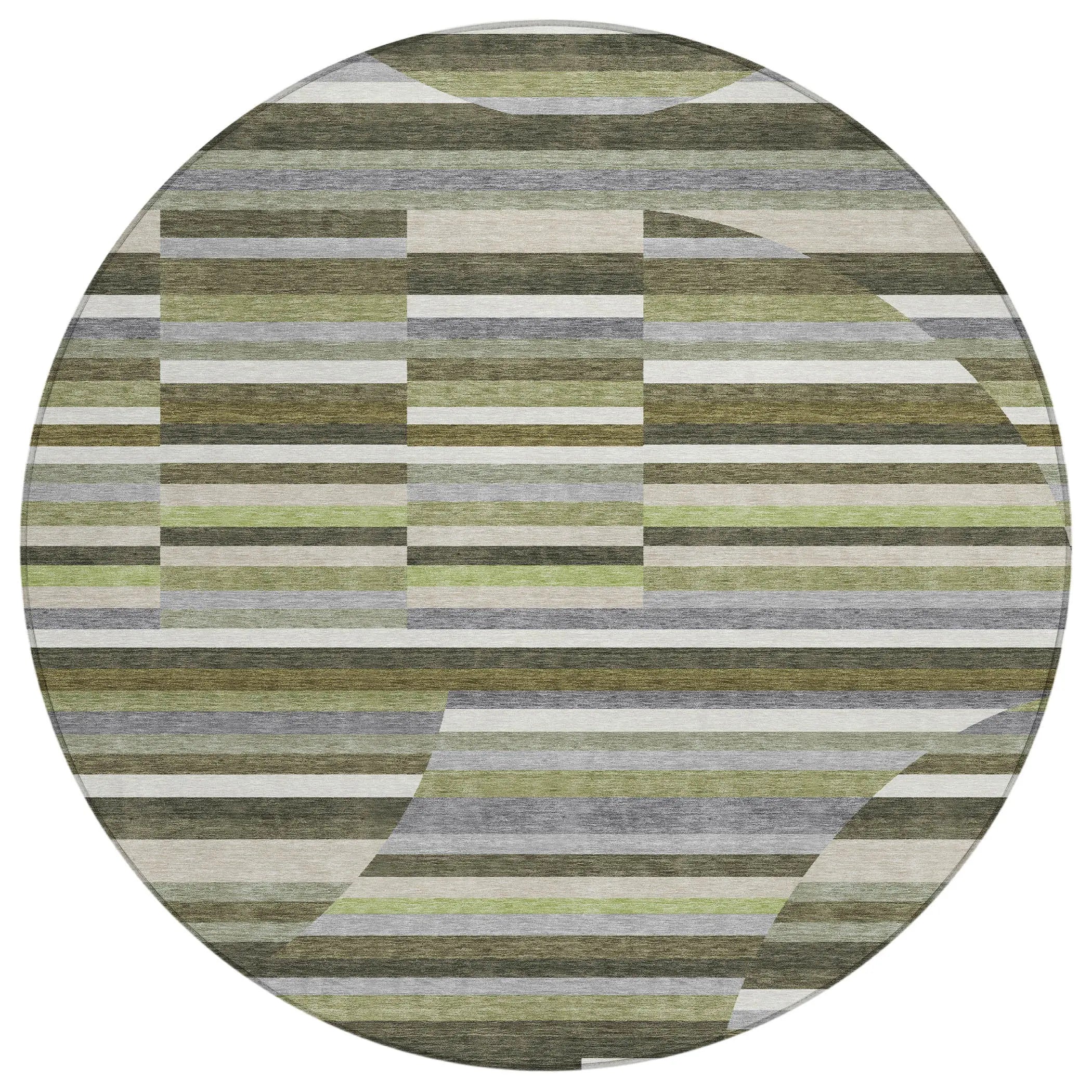 8' Olive Green And Fern Green Round Striped Washable Indoor Outdoor Area Rug Homeroots Outdoor