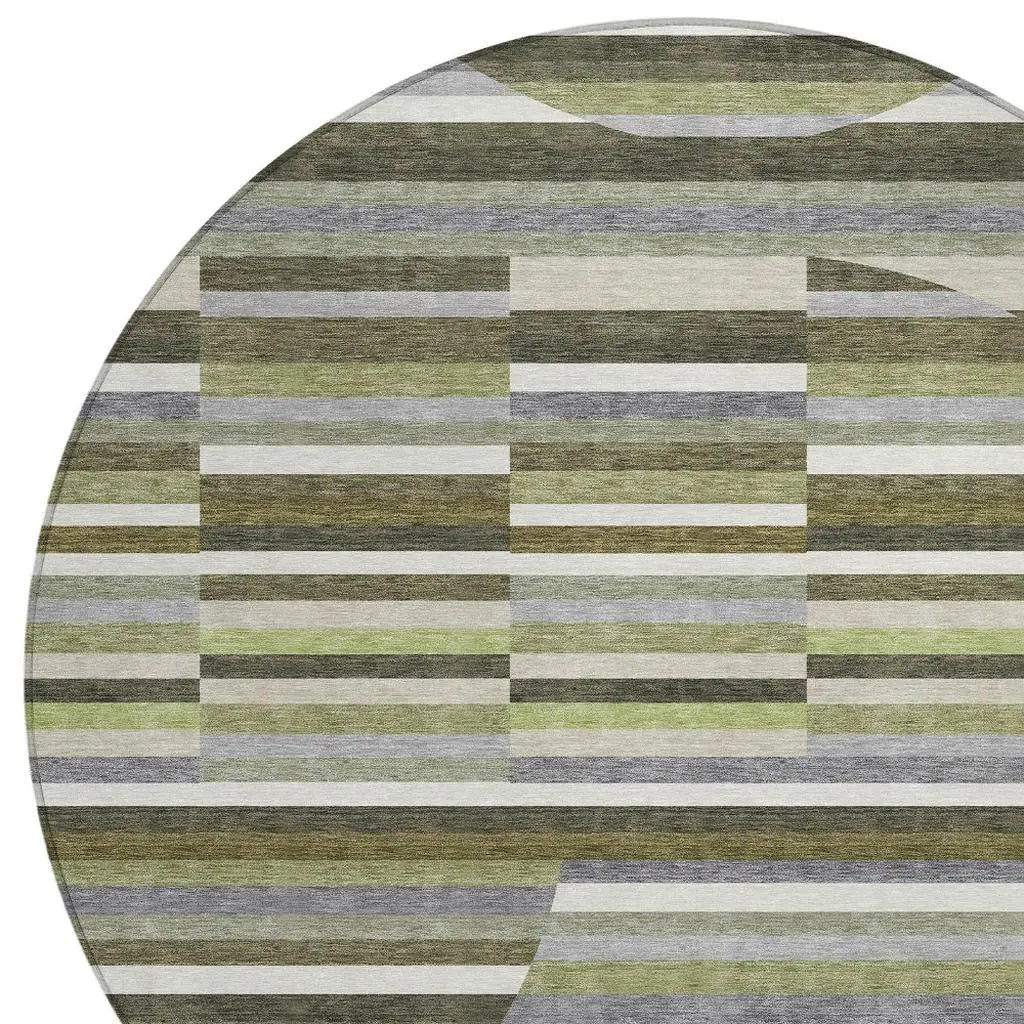 8' Olive Green And Fern Green Round Striped Washable Indoor Outdoor Area Rug Homeroots Outdoor