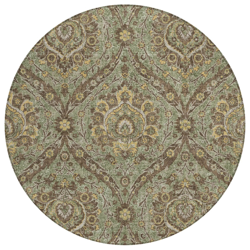 8' Olive Green And Granite Gray Round Floral Washable Indoor Outdoor Area Rug Homeroots Outdoor