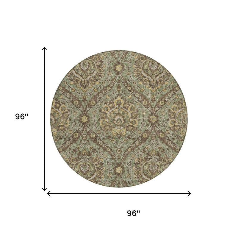 8' Olive Green And Granite Gray Round Floral Washable Indoor Outdoor Area Rug Homeroots Outdoor