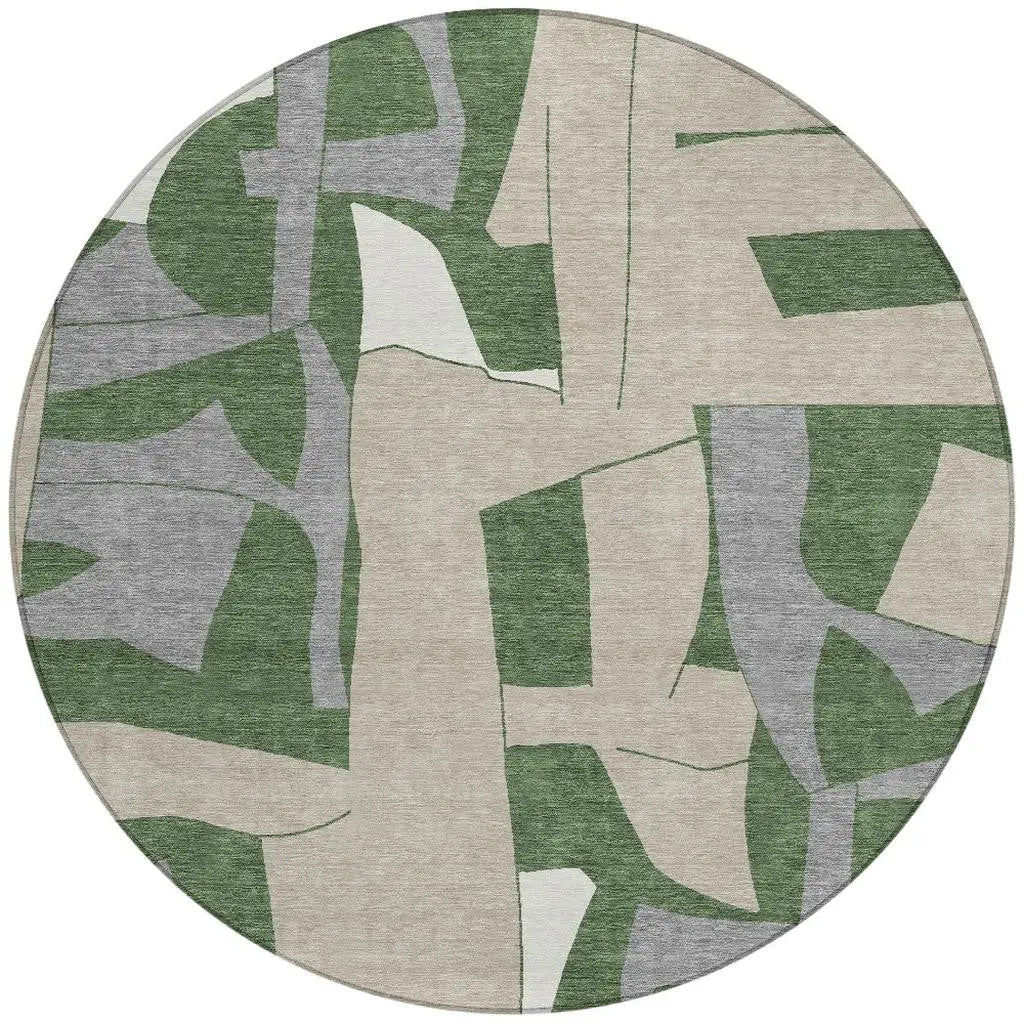8' Olive Green And Gray Round Geometric Washable Indoor Outdoor Area Rug Homeroots Outdoor