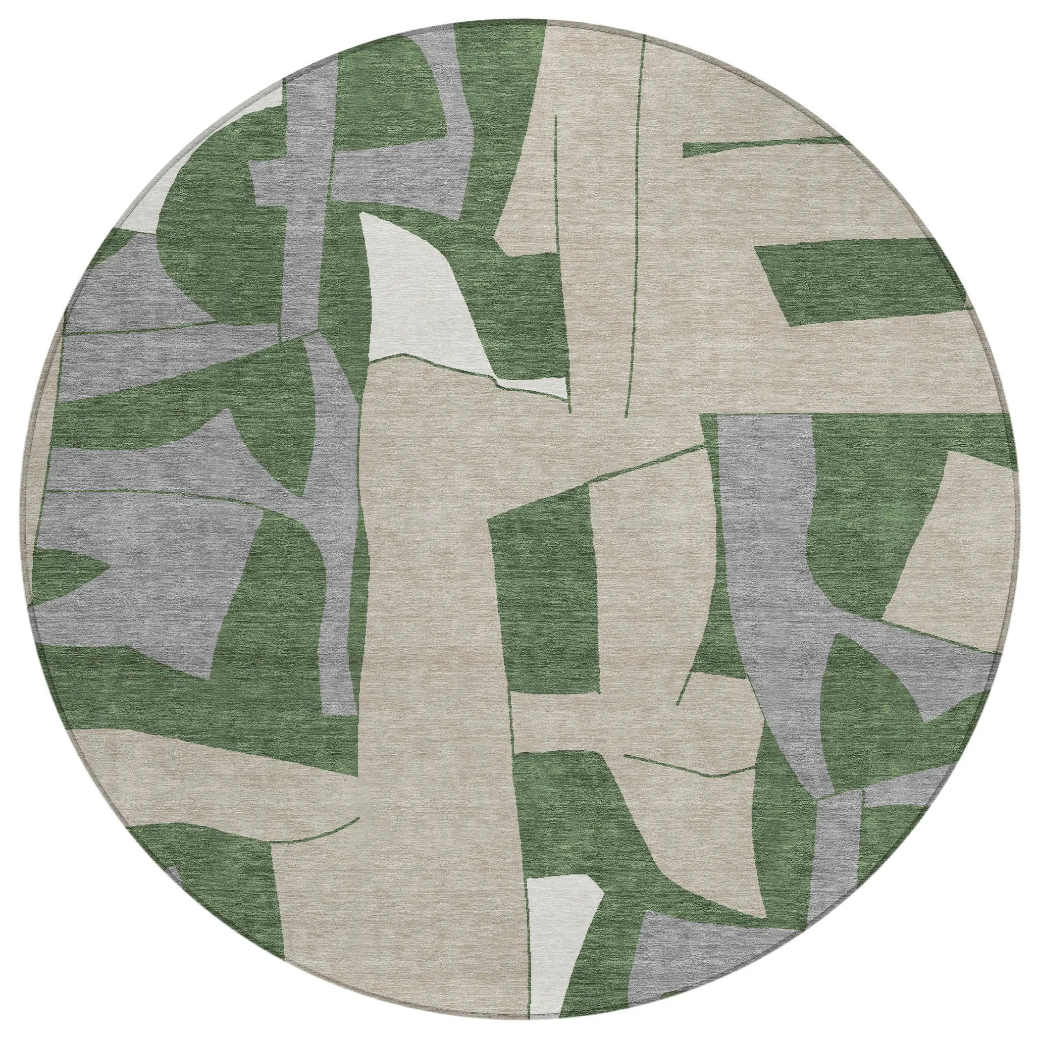 8' Olive Green And Gray Round Geometric Washable Indoor Outdoor Area Rug Homeroots Outdoor