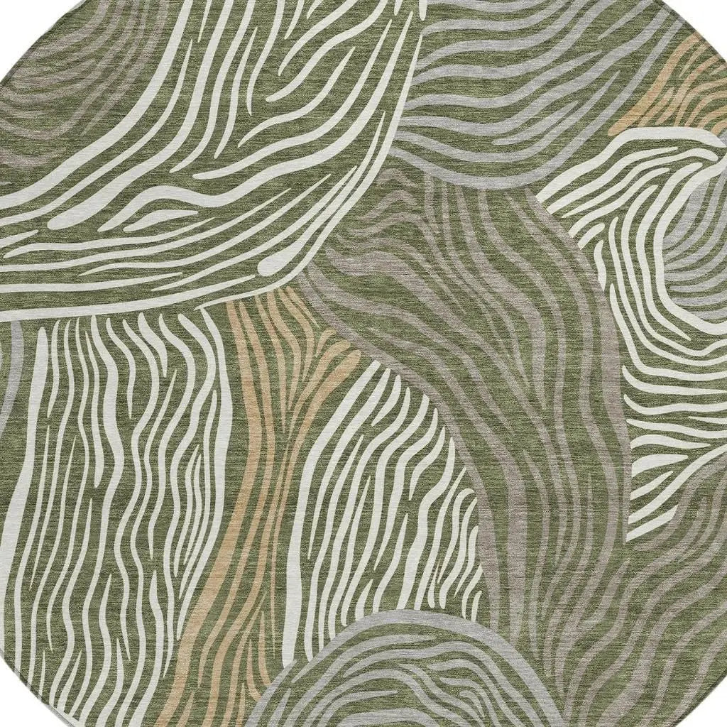 8' Olive Green And Gray Round Ikat Washable Indoor Outdoor Area Rug Homeroots Outdoor