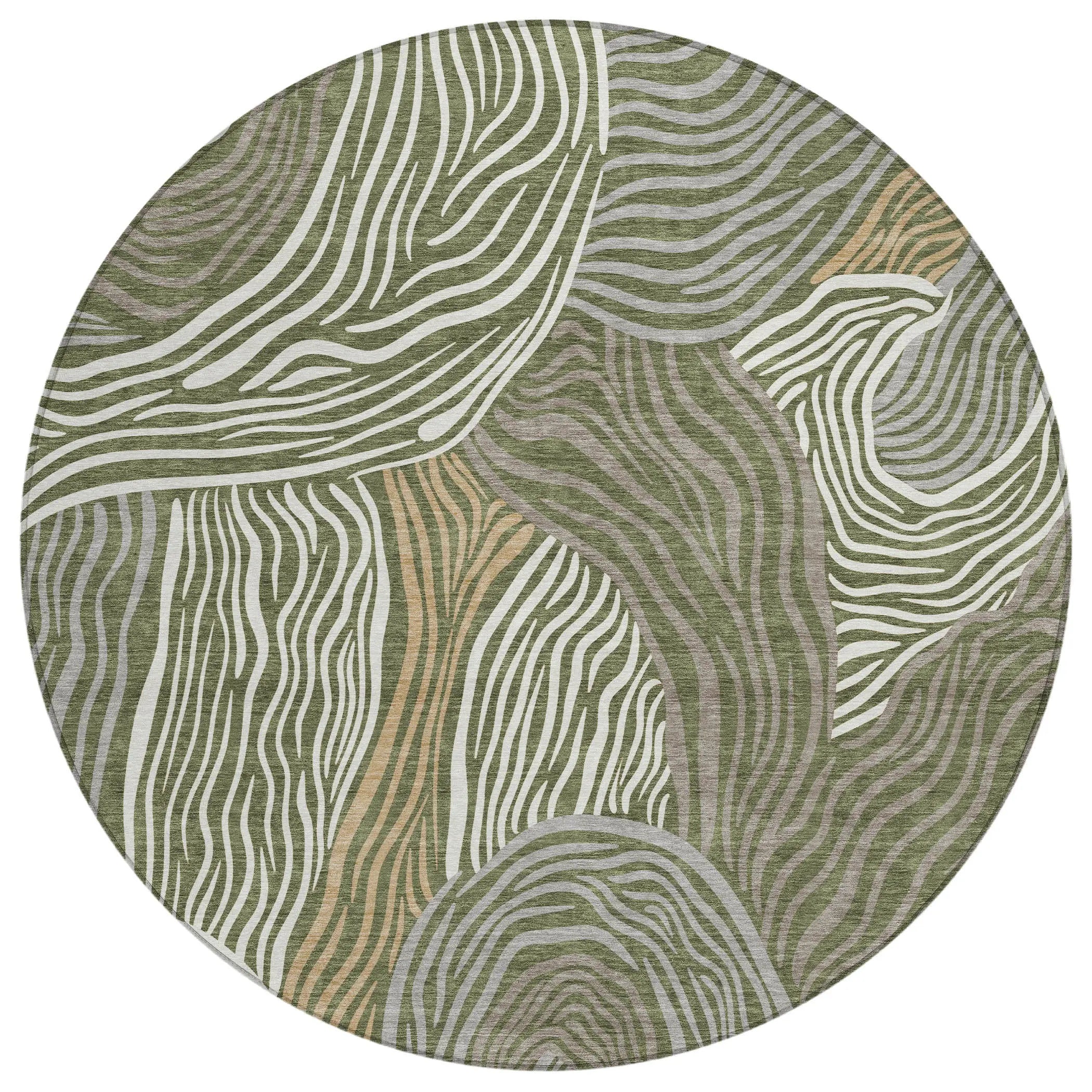 8' Olive Green And Gray Round Ikat Washable Indoor Outdoor Area Rug Homeroots Outdoor