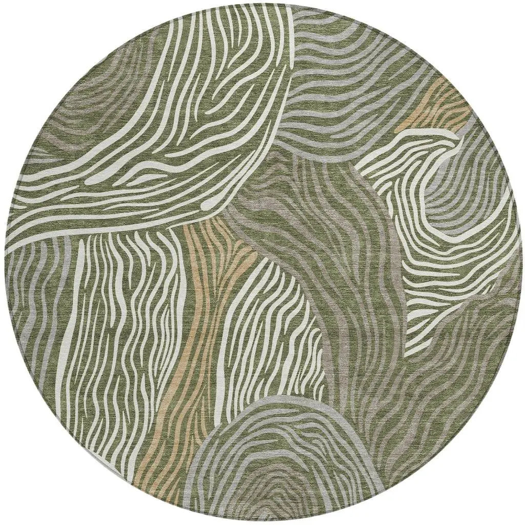8' Olive Green And Gray Round Ikat Washable Indoor Outdoor Area Rug Homeroots Outdoor