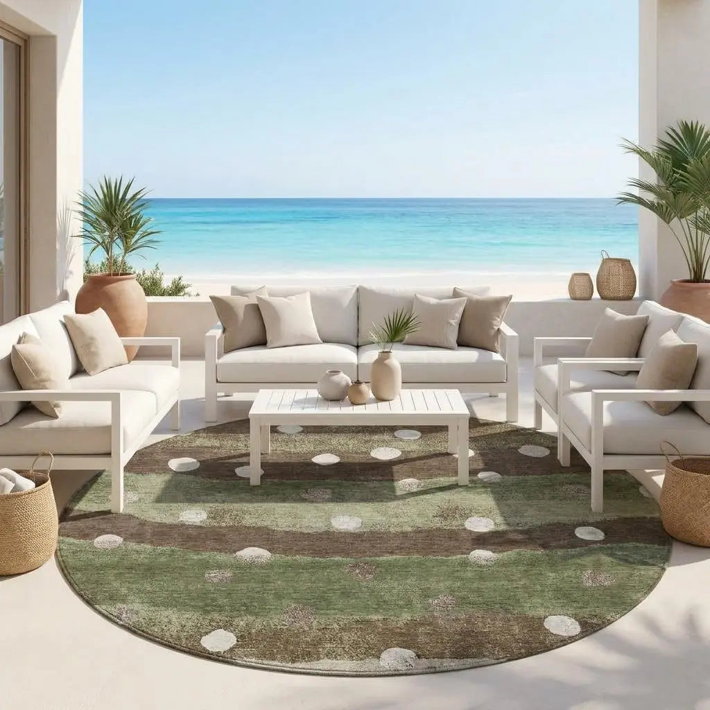 8' Olive Green And Gray Round Striped Washable Indoor Outdoor Area Rug Homeroots Outdoor