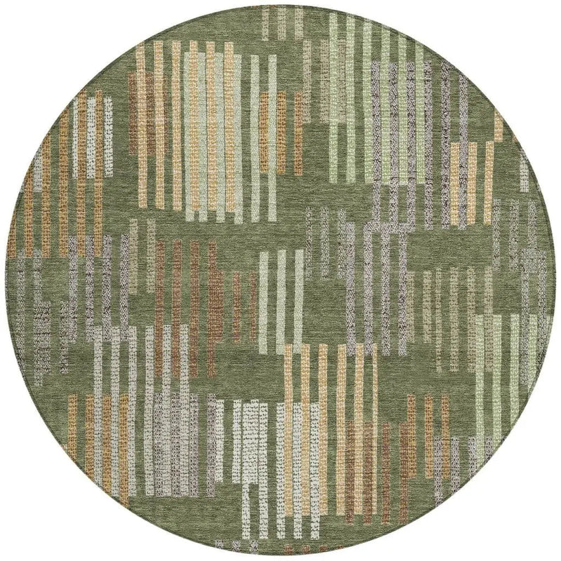 8' Olive Green And Gray Round Striped Washable Indoor Outdoor Area Rug Homeroots Outdoor