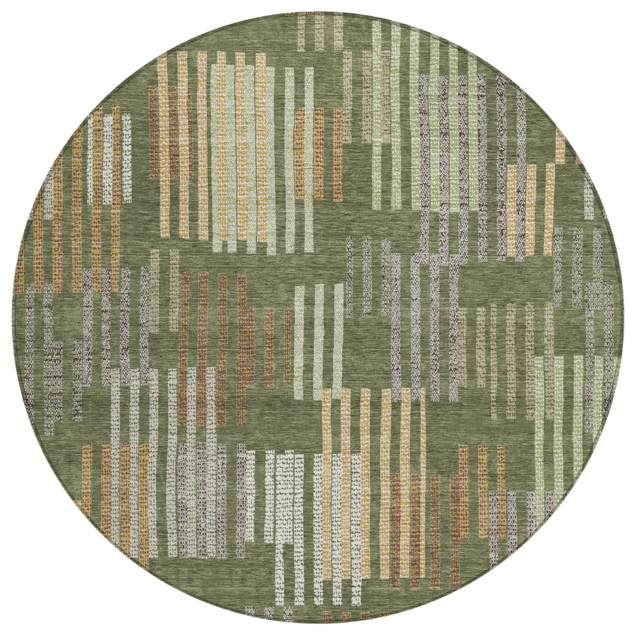 8' Olive Green And Gray Round Striped Washable Indoor Outdoor Area Rug Homeroots Outdoor