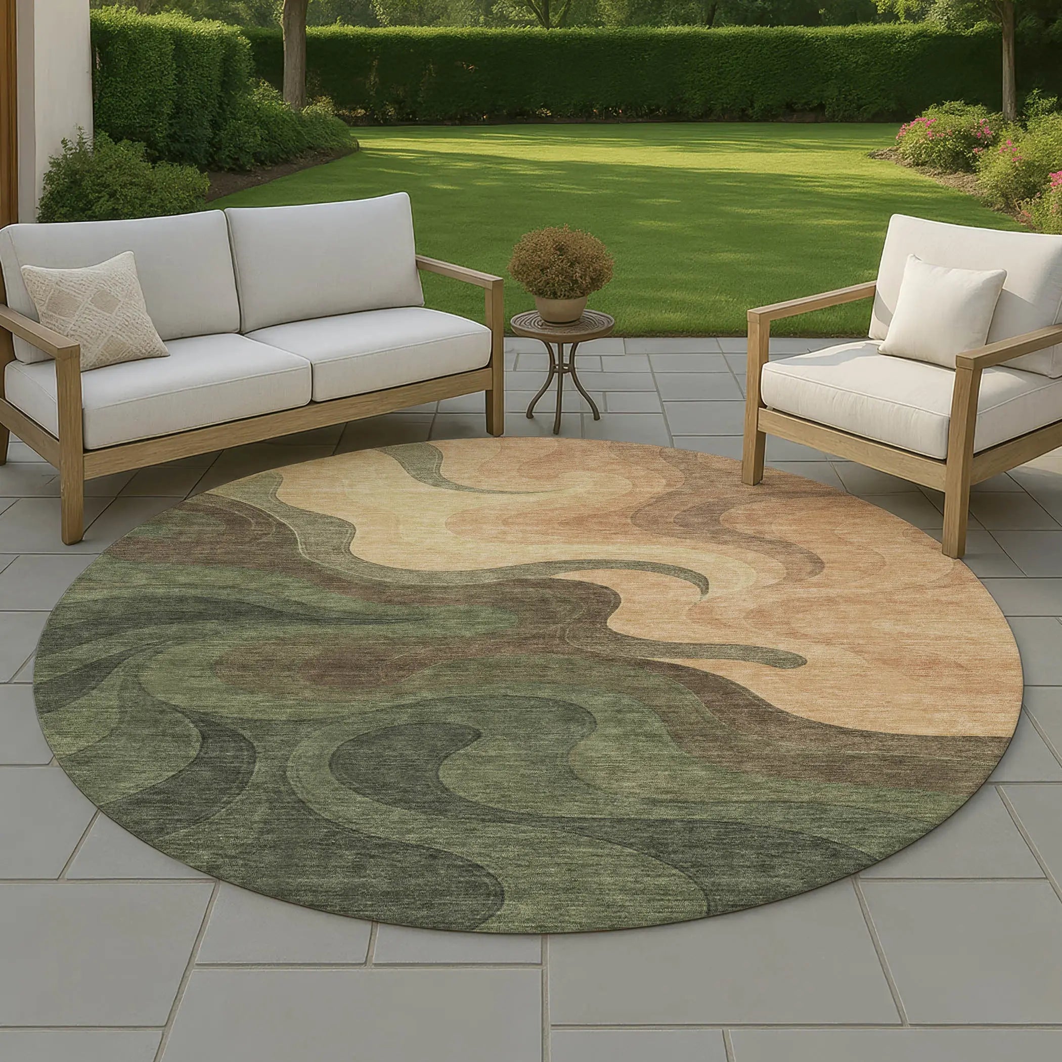 8' Olive Green And Green Round Abstract Washable Indoor Outdoor Area Rug Homeroots Outdoor