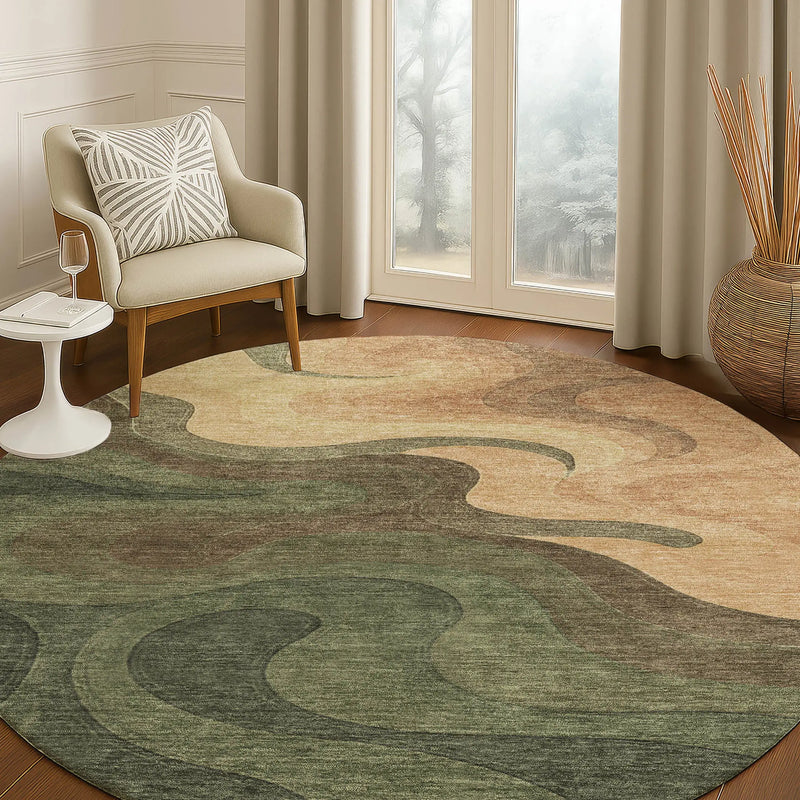 8' Olive Green And Green Round Abstract Washable Indoor Outdoor Area Rug Homeroots Outdoor