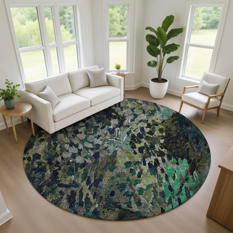 8' Olive Green And Green Round Abstract Washable Indoor Outdoor Area Rug Homeroots Outdoor
