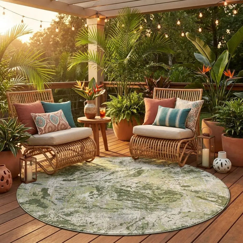8' Olive Green And Green Round Abstract Washable Indoor Outdoor Area Rug Homeroots Outdoor