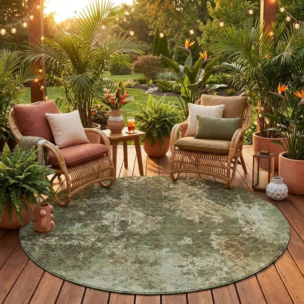 8' Olive Green And Green Round Abstract Washable Indoor Outdoor Area Rug Homeroots Outdoor