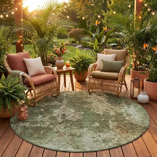 8' Olive Green And Green Round Abstract Washable Indoor Outdoor Area Rug Homeroots Outdoor