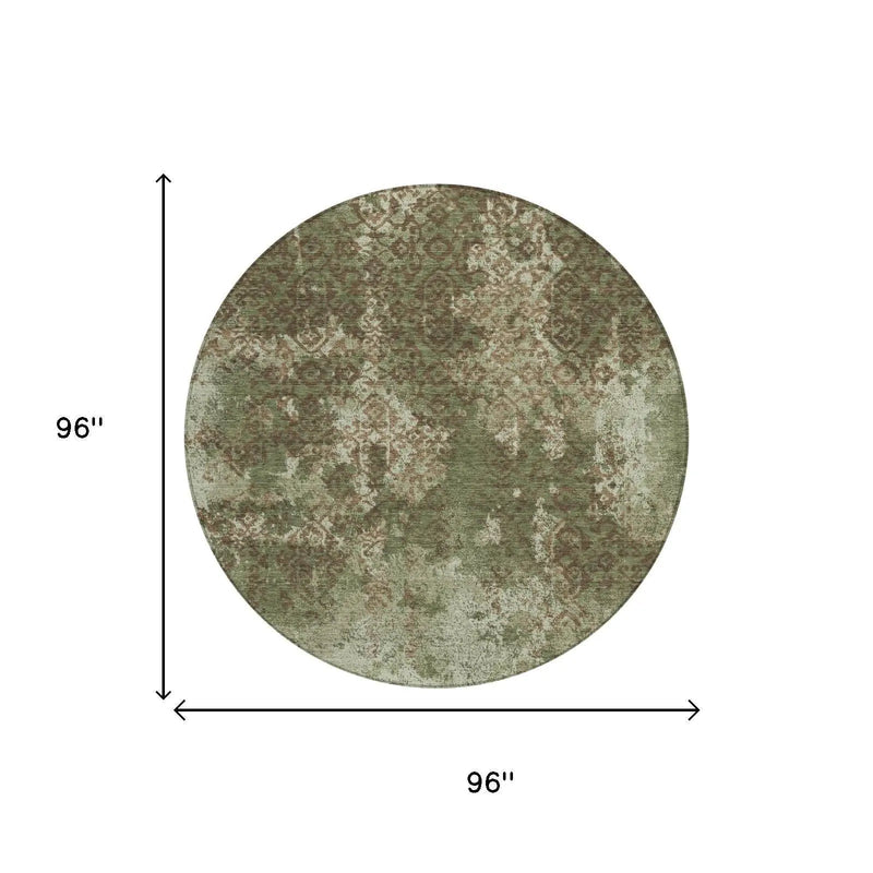 8' Olive Green And Green Round Abstract Washable Indoor Outdoor Area Rug Homeroots Outdoor