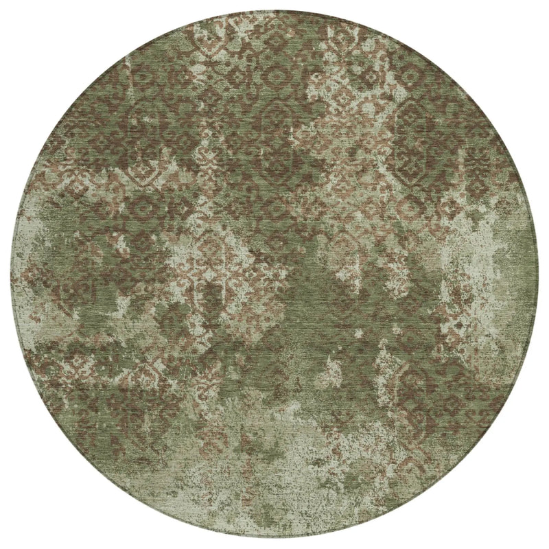 8' Olive Green And Green Round Abstract Washable Indoor Outdoor Area Rug Homeroots Outdoor