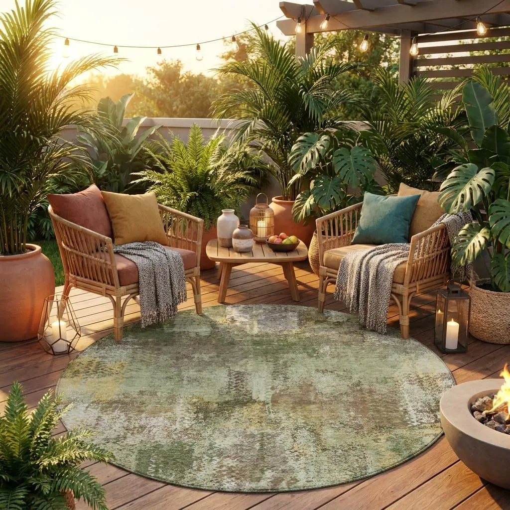 8' Olive Green And Green Round Abstract Washable Indoor Outdoor Area Rug Homeroots Outdoor
