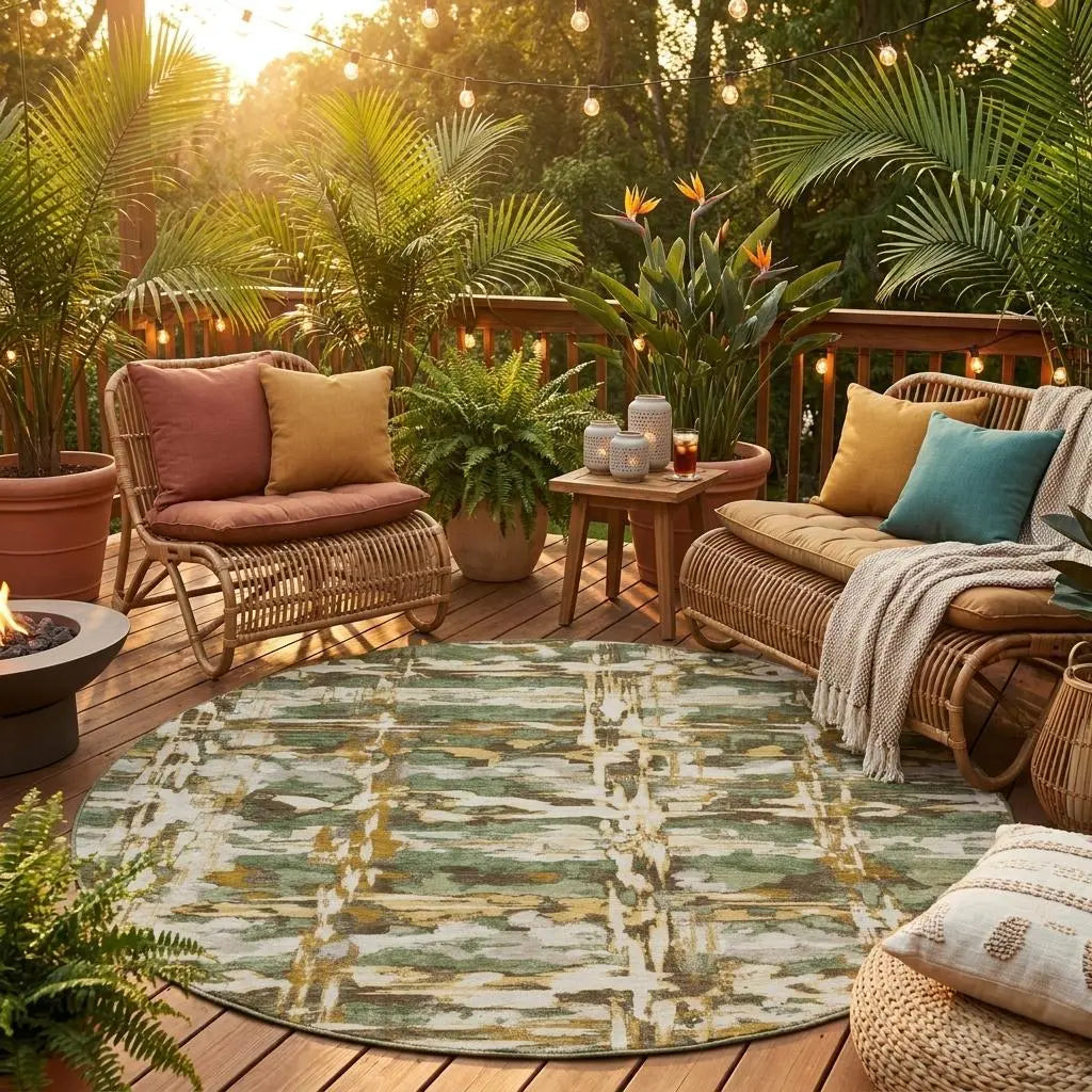 8' Olive Green And Green Round Abstract Washable Indoor Outdoor Area Rug Homeroots Outdoor