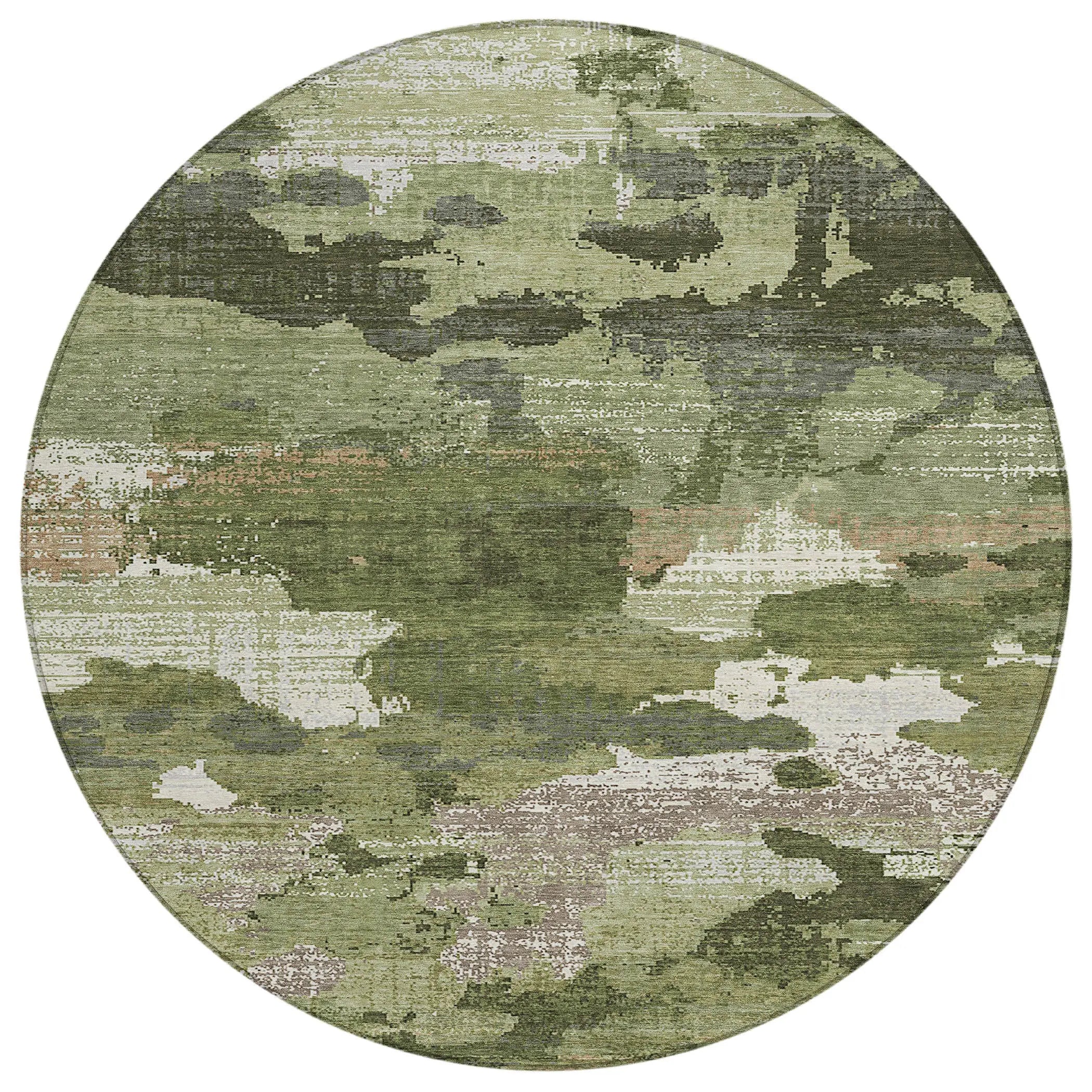 8' Olive Green And Green Round Abstract Washable Indoor Outdoor Area Rug Homeroots Outdoor